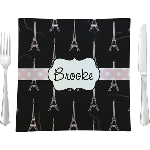 Custom Black Eiffel Tower 9.5" Glass Square Lunch / Dinner Plate- Single or Set of 4 (Personalized)