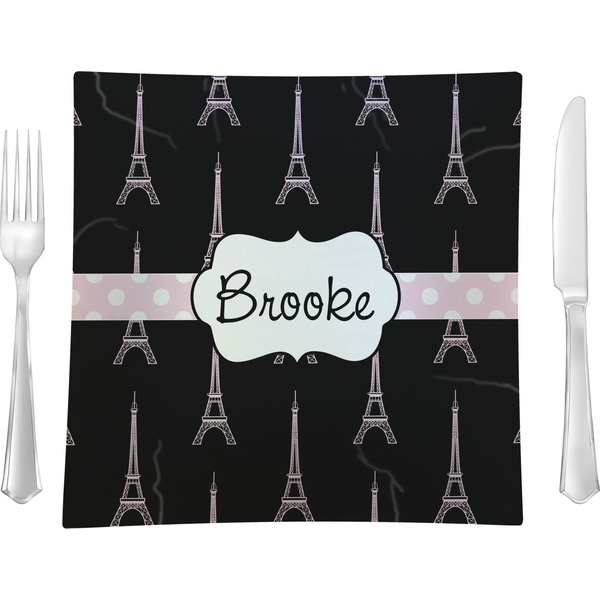 Custom Black Eiffel Tower 9.5" Glass Square Lunch / Dinner Plate- Single or Set of 4 (Personalized)