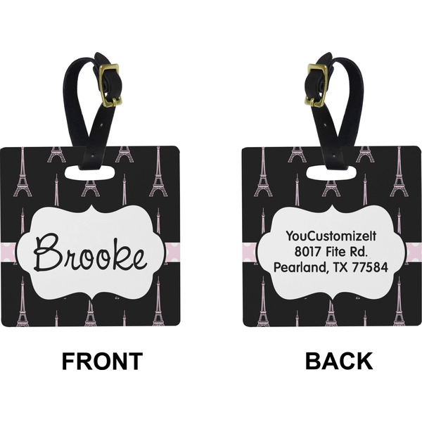 Black Eiffel Tower Square Luggage Tag (Front + Back)