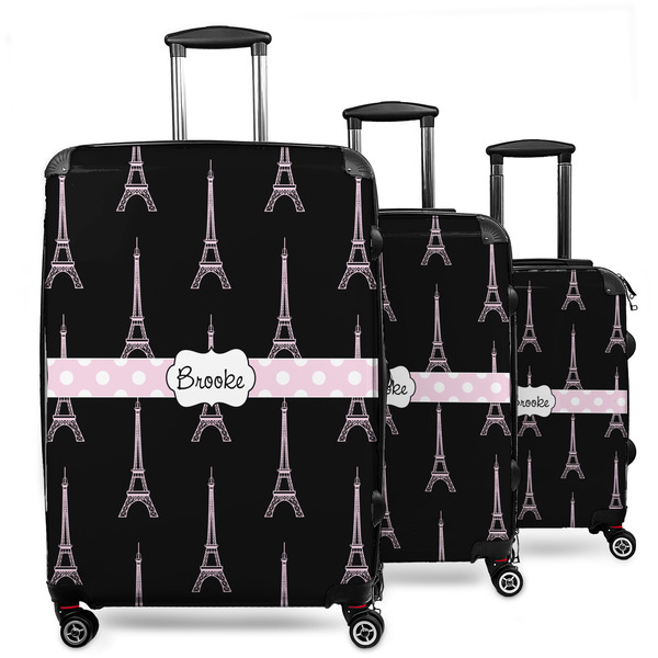 Custom Black Eiffel Tower 3 Piece Luggage Set - 20" Carry On, 24" Medium Checked, 28" Large Checked (Personalized)