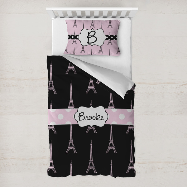 Custom Black Eiffel Tower Toddler Bedding Set - With Pillowcase (Personalized)