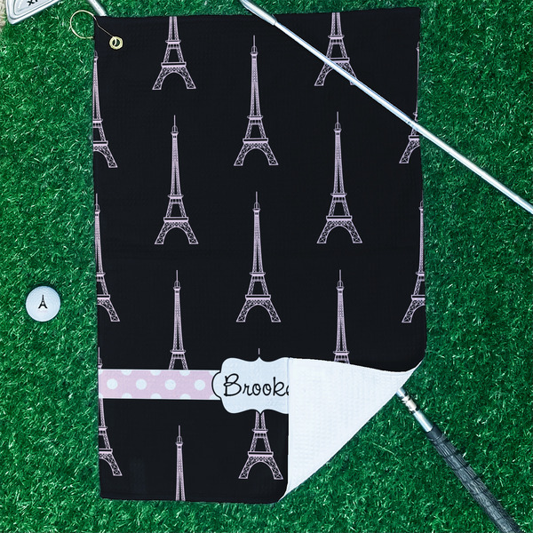 Black Eiffel Tower Waffle Weave Golf Towel - In Context