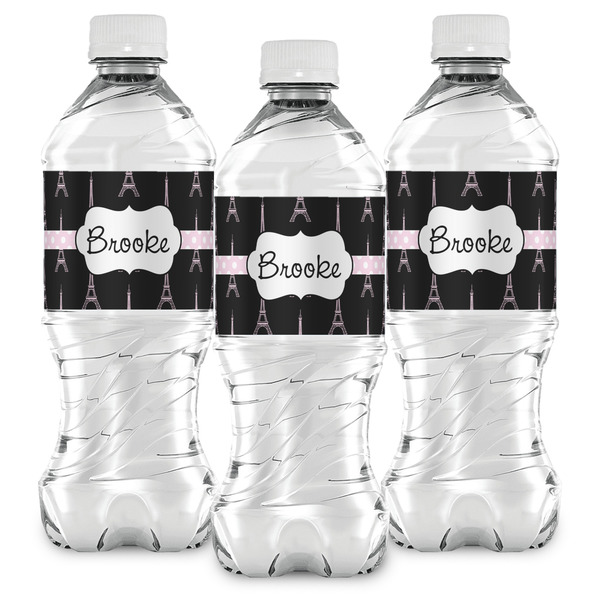 Black Eiffel Tower Water Bottle Labels - Front View