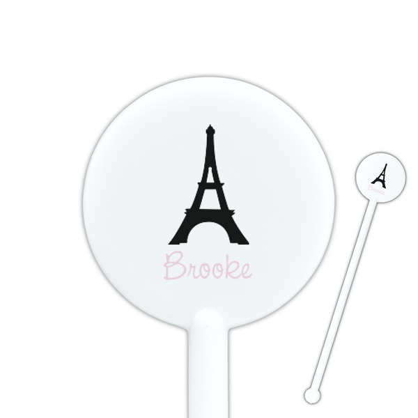 Custom Black Eiffel Tower 5.5" Round Plastic Stir Sticks - White - Single Sided (Personalized)