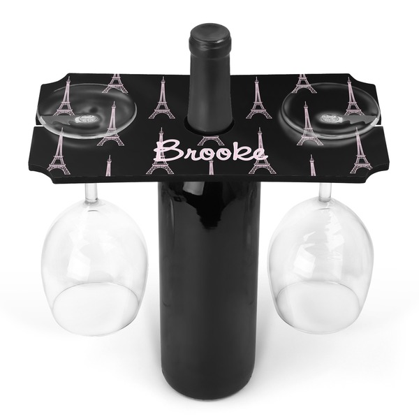 Custom Black Eiffel Tower Wine Bottle & Glass Holder (Personalized)