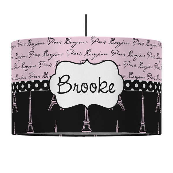 Custom Paris Bonjour and Eiffel Tower 12" Drum Pendant Lamp - Fabric (Personalized)