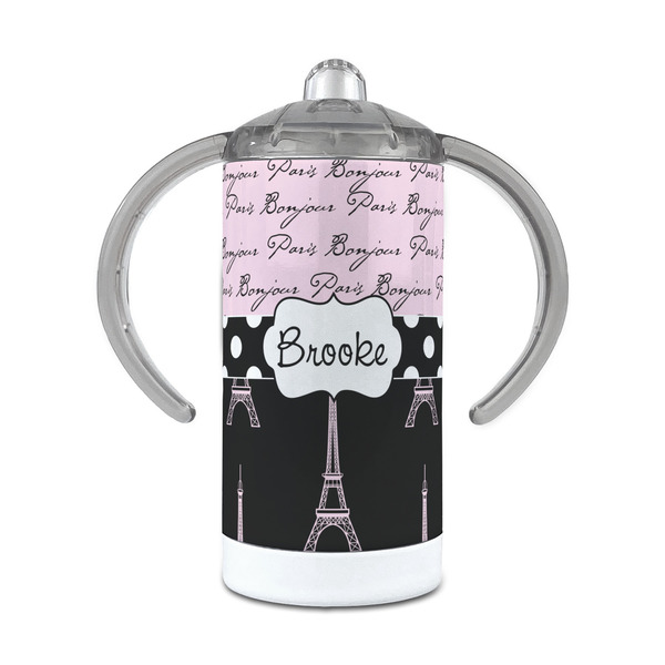 Custom Paris Bonjour and Eiffel Tower 12 oz Stainless Steel Sippy Cup (Personalized)