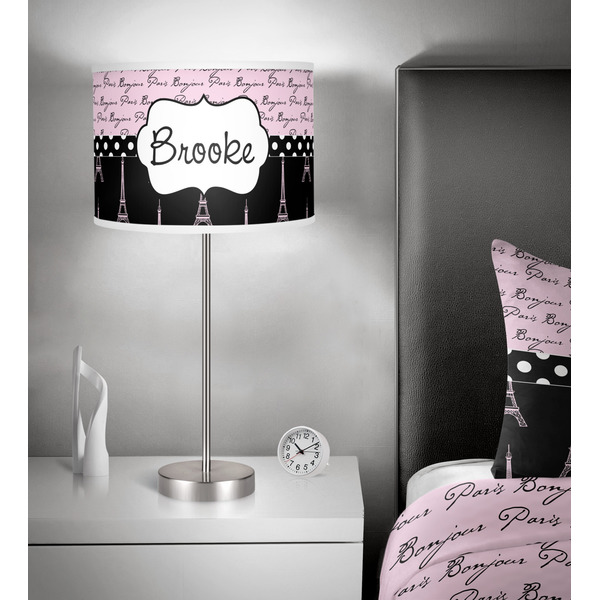 Paris Bonjour and Eiffel Tower 13 inch drum lamp shade - in room