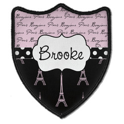 Paris Bonjour and Eiffel Tower Iron On Shield Patch B w/ Name or Text