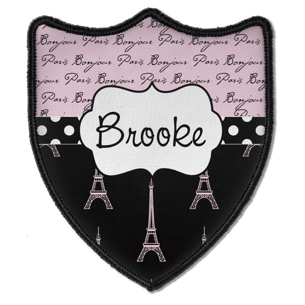 Custom Paris Bonjour and Eiffel Tower Iron On Shield Patch B w/ Name or Text