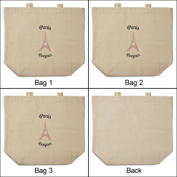 Paris Bonjour and Eiffel Tower 3 Reusable Cotton Grocery Bags - Front & Back View