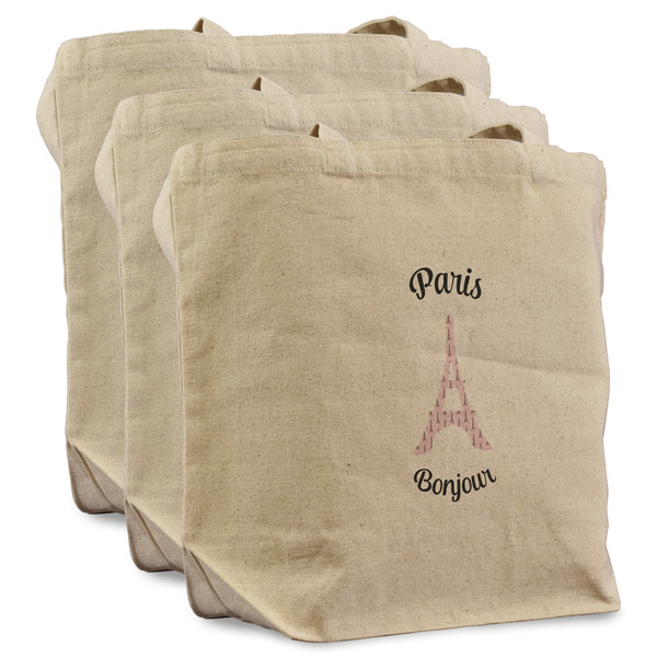 Custom Paris Bonjour and Eiffel Tower Reusable Cotton Grocery Bags - Set of 3 (Personalized)