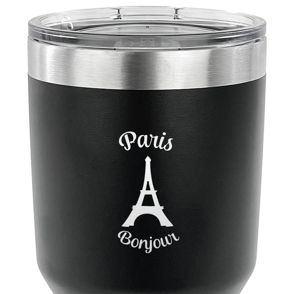 Paris Bonjour and Eiffel Tower 30 oz Stainless Steel Ringneck Tumbler - Black - CLOSE UP