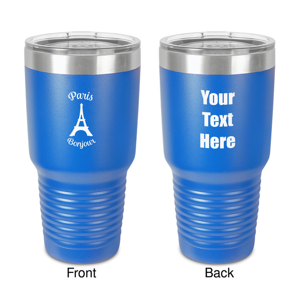 Custom Paris Bonjour and Eiffel Tower 30 oz Stainless Steel Tumbler - Royal Blue - Double-Sided (Personalized)