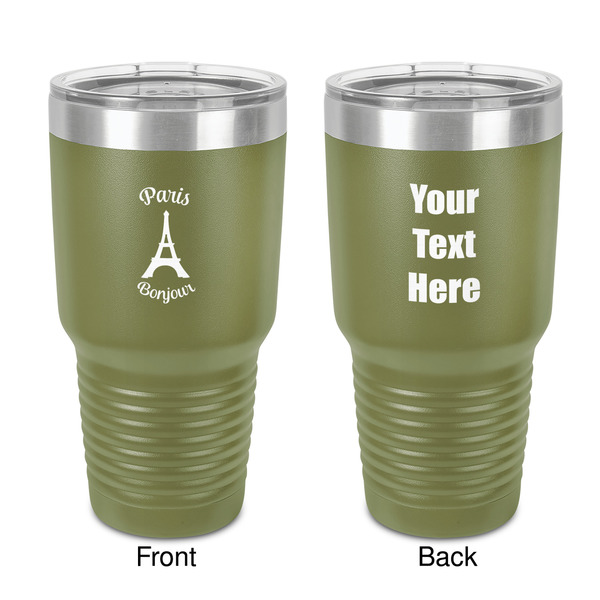 Custom Paris Bonjour and Eiffel Tower 30 oz Stainless Steel Tumbler - Olive - Double-Sided (Personalized)