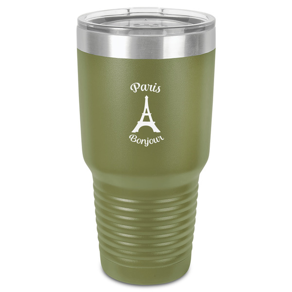 Custom Paris Bonjour and Eiffel Tower 30 oz Stainless Steel Tumbler - Olive - Single-Sided (Personalized)
