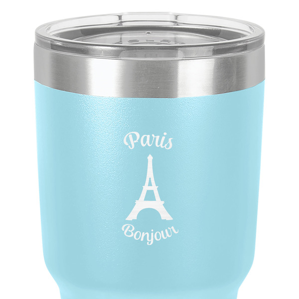 Paris Bonjour and Eiffel Tower 30 oz Stainless Steel Ringneck Tumbler - Teal - Close Up