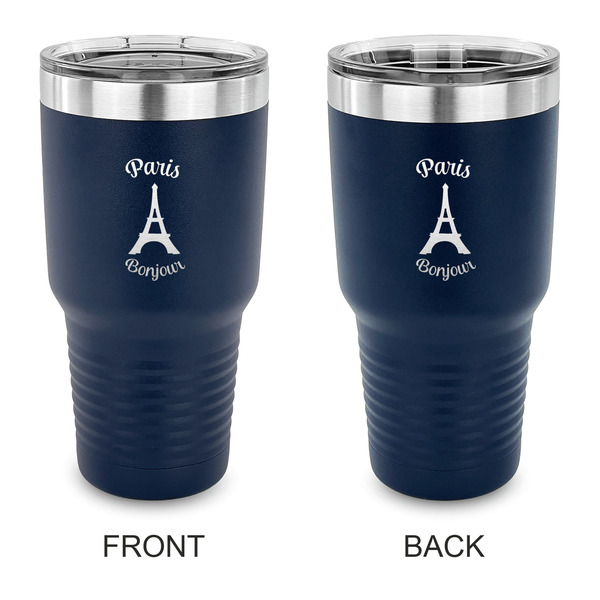 Custom Paris Bonjour and Eiffel Tower 30 oz Stainless Steel Tumbler - Navy - Double Sided (Personalized)