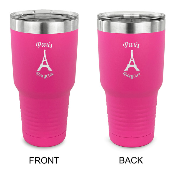 Custom Paris Bonjour and Eiffel Tower 30 oz Stainless Steel Tumbler - Pink - Double Sided (Personalized)