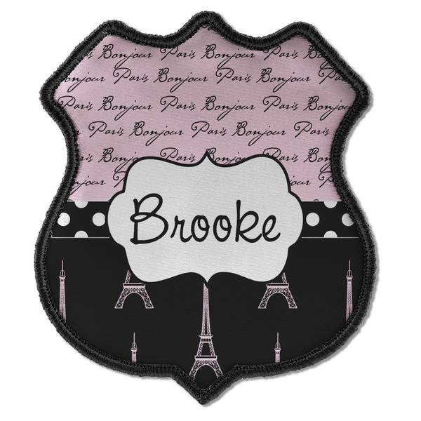 Custom Paris Bonjour and Eiffel Tower Iron On Shield Patch C w/ Name or Text