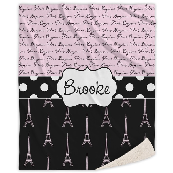 Custom Paris Bonjour and Eiffel Tower Sherpa Throw Blanket - 50"x60" (Personalized)