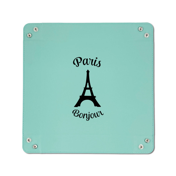 Paris Bonjour and Eiffel Tower 6" x 6" Teal Leatherette Snap Up Tray - APPROVAL