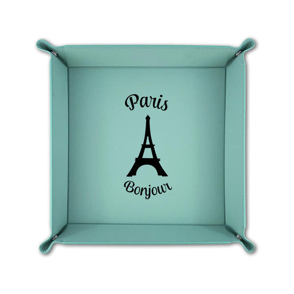 Paris Bonjour and Eiffel Tower 6" x 6" Teal Leatherette Snap Up Tray - FOLDED UP