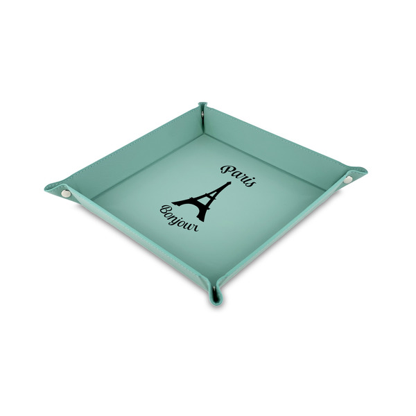 Custom Paris Bonjour and Eiffel Tower 6" x 6" Teal Faux Leather Valet Tray (Personalized)