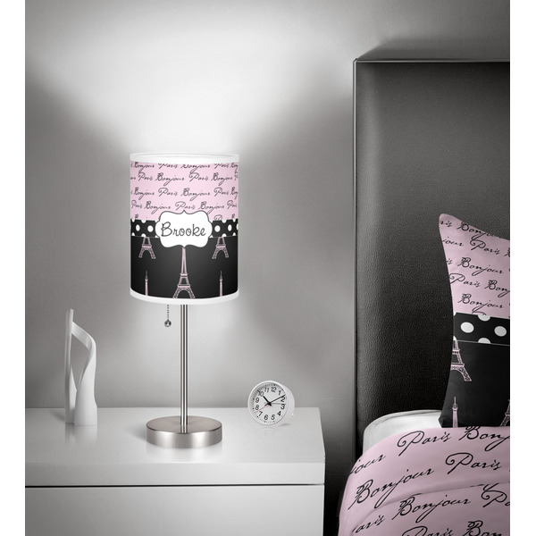 Paris Bonjour and Eiffel Tower 7 inch drum lamp shade - in room