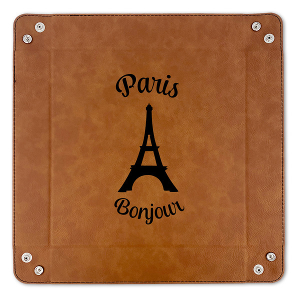 Paris Bonjour and Eiffel Tower 9" x 9" Leatherette Snap Up Tray - APPROVAL (FLAT)