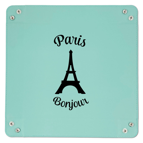 Paris Bonjour and Eiffel Tower 9" x 9" Teal Leatherette Snap Up Tray - APPROVAL