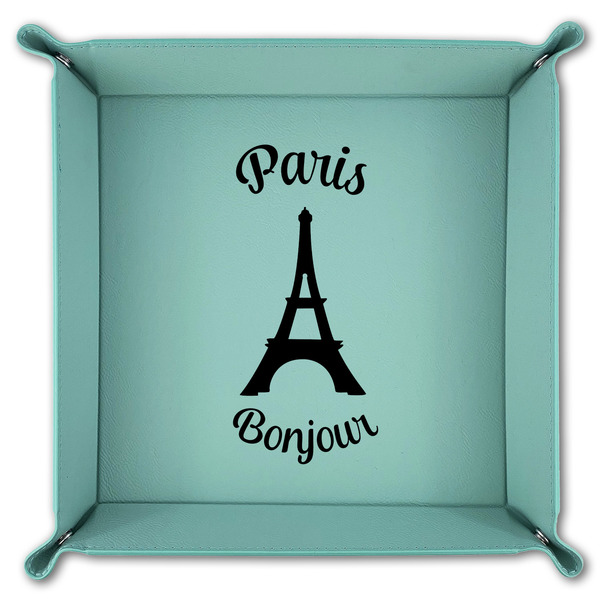 Paris Bonjour and Eiffel Tower 9" x 9" Teal Leatherette Snap Up Tray - FOLDED