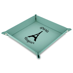 Paris Bonjour and Eiffel Tower 9" x 9" Teal Faux Leather Valet Tray (Personalized)