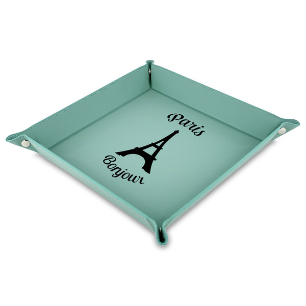 Custom Paris Bonjour and Eiffel Tower 9" x 9" Teal Faux Leather Valet Tray (Personalized)