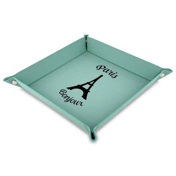 Custom Paris Bonjour and Eiffel Tower Faux Leather Dice Tray - 9" x 9"  - Teal (Personalized)