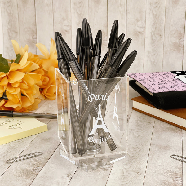 Paris Bonjour and Eiffel Tower Acrylic Pencil Holder - IN CONTEXT