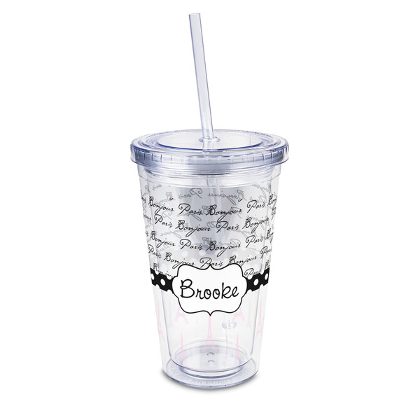 Custom Paris Bonjour and Eiffel Tower 16oz Double Wall Acrylic Tumbler with Lid & Straw - Full Print (Personalized)