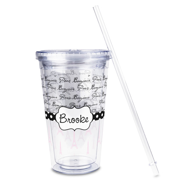 Paris Bonjour and Eiffel Tower Acrylic Tumbler - Full Print - Front straw out