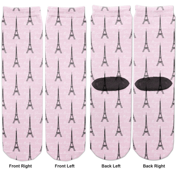 Paris Bonjour and Eiffel Tower Adult Crew Socks - Double Pair - Front and Back - Apvl