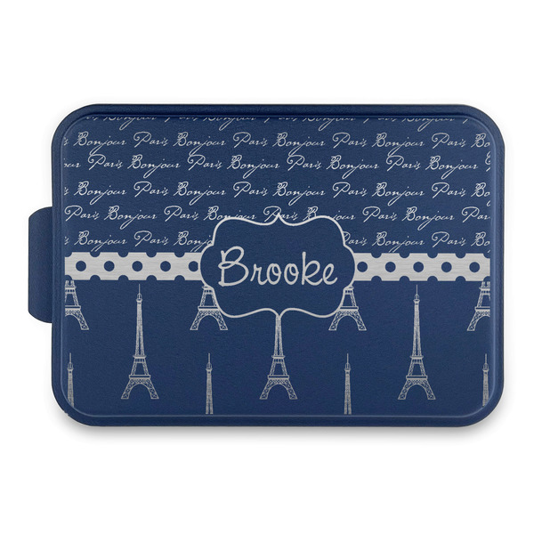Custom Paris Bonjour and Eiffel Tower Aluminum Baking Pan with Navy Lid (Personalized)