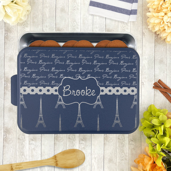 Paris Bonjour and Eiffel Tower Aluminum Baking Pan - Navy Lid - LIFESTYLE
