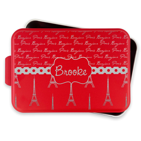 Paris Bonjour and Eiffel Tower Aluminum Baking Pan - Red Lid - FRONT w/lif off
