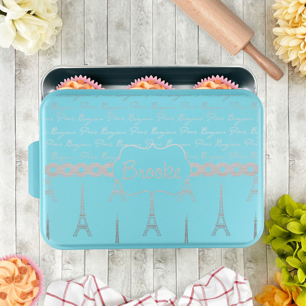 Paris Bonjour and Eiffel Tower Aluminum Baking Pan - Teal Lid - LIFESTYLE