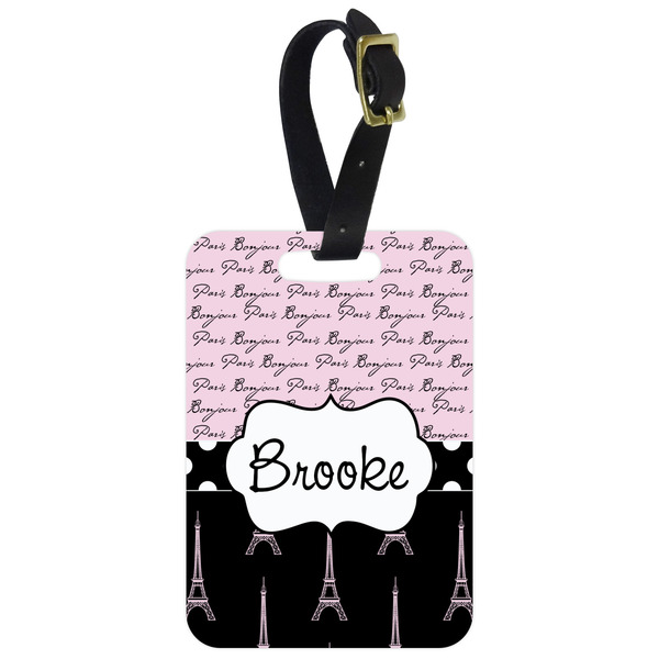 Custom Paris Bonjour and Eiffel Tower Metal Luggage Tag w/ Name or Text