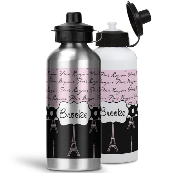 Paris Bonjour and Eiffel Tower Aluminum Water Bottles - MAIN (white &silver)