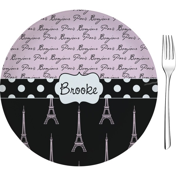 Custom Paris Bonjour and Eiffel Tower 8" Glass Appetizer / Dessert Plates - Single or Set (Personalized)
