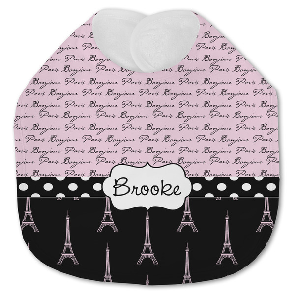 Custom Paris Bonjour and Eiffel Tower Jersey Knit Baby Bib w/ Name or Text