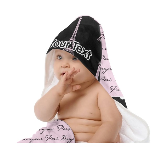Paris Bonjour and Eiffel Tower Baby Hooded Towel on Child