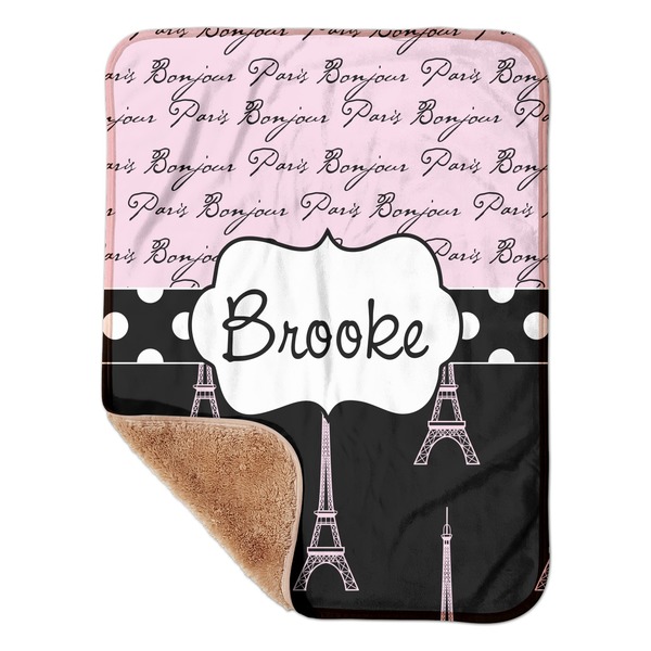Custom Paris Bonjour and Eiffel Tower Sherpa Baby Blanket - 30" x 40" w/ Name or Text