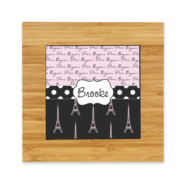 Custom Paris Bonjour and Eiffel Tower Bamboo Trivet with Ceramic Tile Insert (Personalized)